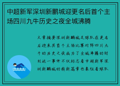 中超新军深圳新鹏城迎更名后首个主场四川九牛历史之夜全城沸腾 中超新军深圳新鹏城迎更名后首个主场四川九牛历史之夜全城沸腾