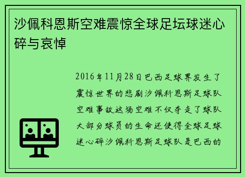 沙佩科恩斯空难震惊全球足坛球迷心碎与哀悼 沙佩科恩斯空难震惊全球足坛球迷心碎与哀悼
